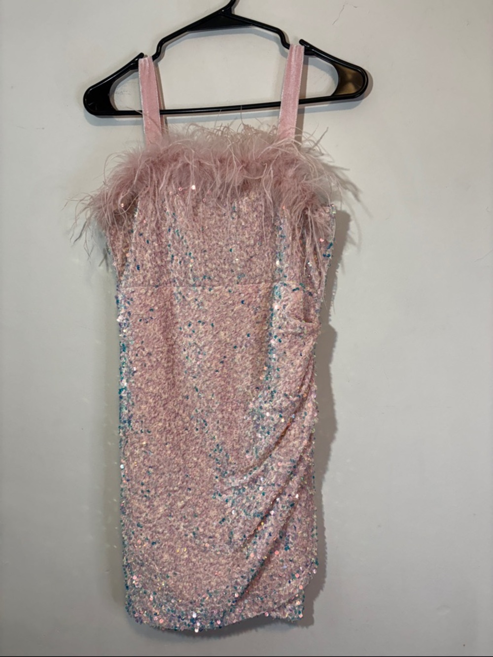 Poppies and Roses Big Girls Feather Plume-Trim Stretch Pink Sequin Dress Youth